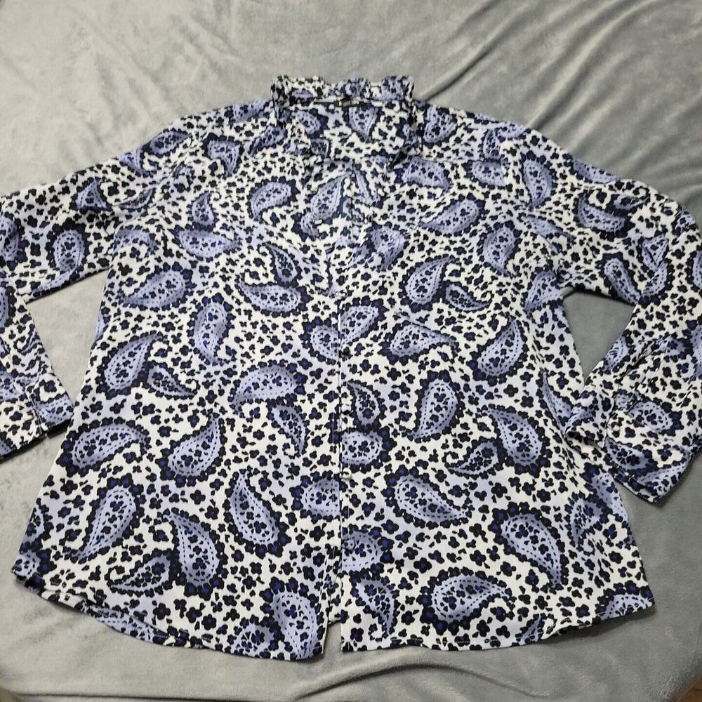 Express Shirt Womens XL Button Front Blue Long Sleeve Ruffle Collar Comfort Top